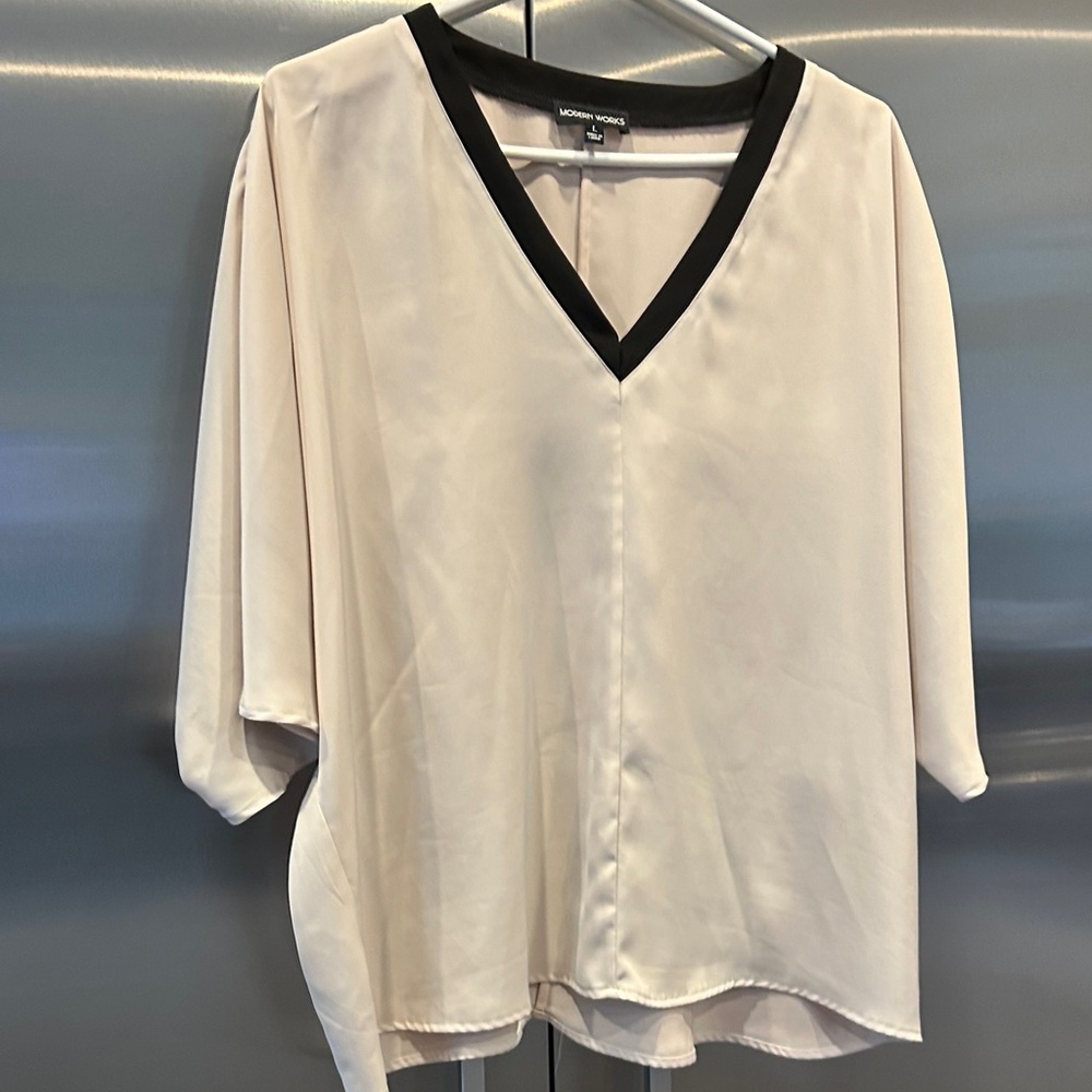 Elegant V-Neck Blouse in Cream and Black